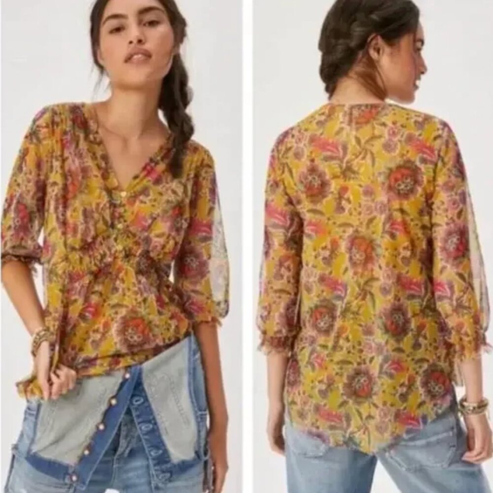 ANTHROPOLOGIE Gretchen Smocked Floral Print Boho Blouse Marigold Yellow S